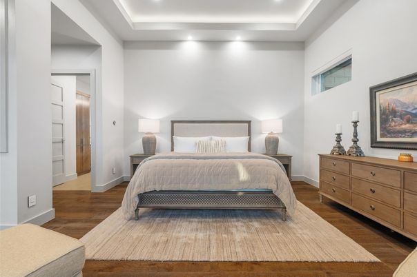 Bedroom, Interior, Recessed Lighting, Wood Texture Flooring