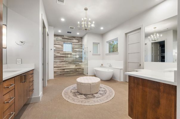 Bathroom, Chandelier, Dual Sink Vanities, Free Standing Baths, Glass Shower, Interior, Pendant Lights, Recessed Lighting