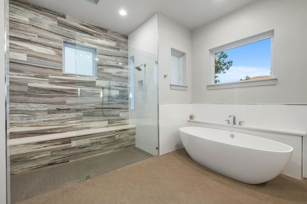 Bathroom, Free Standing Baths, Glass Shower, Interior, Recessed Lighting