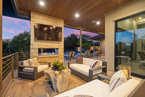 Exterior, Fireplace, Interior, Living room, Recessed Lighting, Wooden Ceilings