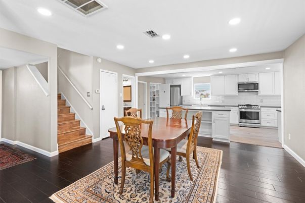 Dining room, Interior, Kitchen, Recessed Lighting, Stainless Steel Appliances, Wood Texture Flooring