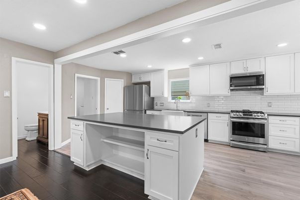 Interior, Kitchen, Recessed Lighting, Stainless Steel Appliances, Wood Texture Flooring