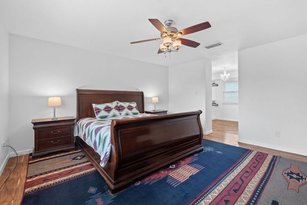 Bedroom, Chandelier, Interior, Wood Texture Flooring