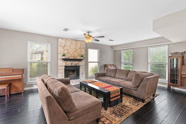 Fireplace, Interior, Living room, Piano, Stone Walls, Wood Texture Flooring