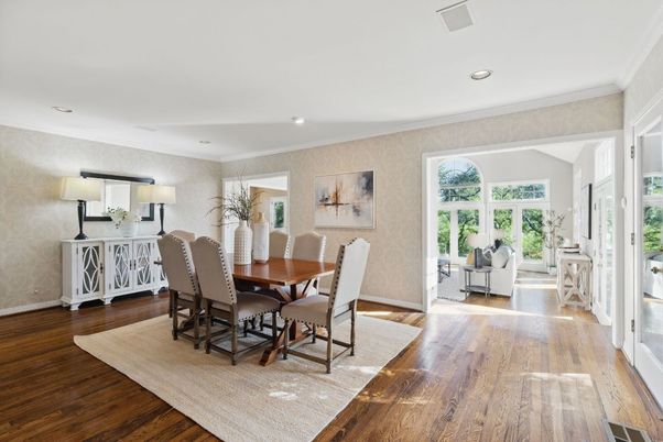 Dining room, Interior, Recessed Lighting, Wood Texture Flooring