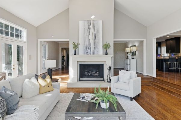 Fireplace, Interior, Living room, Recessed Lighting, Wood Texture Flooring