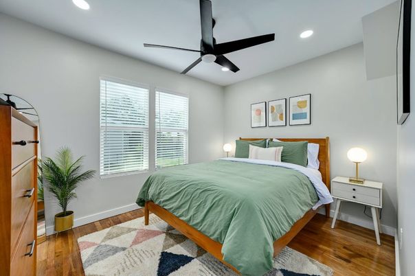 Bedroom, Interior, Recessed Lighting, Wood Texture Flooring