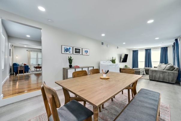 Dining room, Interior, Living room, Recessed Lighting, Wood Texture Flooring