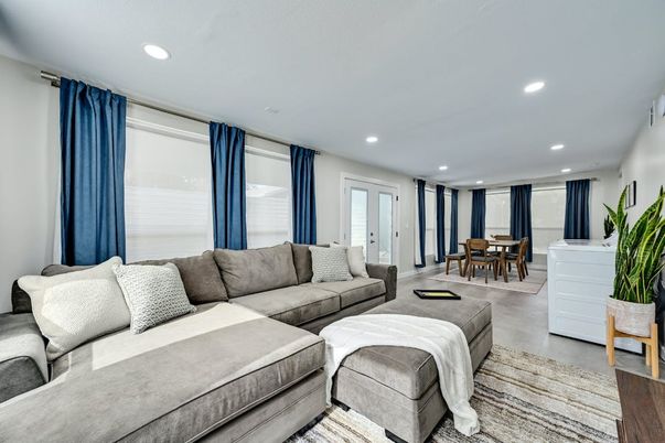 Dining room, Interior, Living room, Recessed Lighting, Wood Texture Flooring