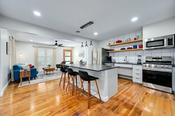 Interior, Kitchen, Living room, Pendant Lights, Recessed Lighting, Stainless Steel Appliances, Wood Texture Flooring