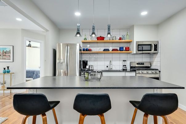 Interior, Kitchen, Pendant Lights, Recessed Lighting, Stainless Steel Appliances, Wood Texture Flooring