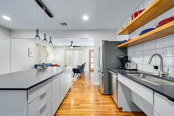 Interior, Kitchen, Pendant Lights, Recessed Lighting, Wood Texture Flooring