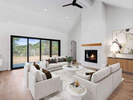 Fireplace, Interior, Living room, Recessed Lighting, Wood Texture Flooring