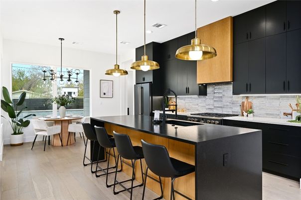 Dining room, Interior, Kitchen, Pendant Lights, Recessed Lighting, Stainless Steel Appliances, Wood Texture Flooring