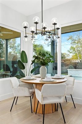 Dining room, Interior, Pendant Lights, Wood Texture Flooring