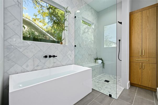 Bathroom, Free Standing Baths, Glass Shower, Interior, Marble Walls