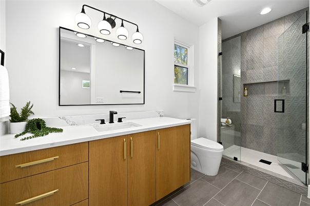 Bathroom, Dual Sink Vanities, Glass Shower, Interior, Recessed Lighting