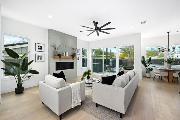 Dining room, Fireplace, Interior, Living room, Pendant Lights, Recessed Lighting, Wood Texture Flooring