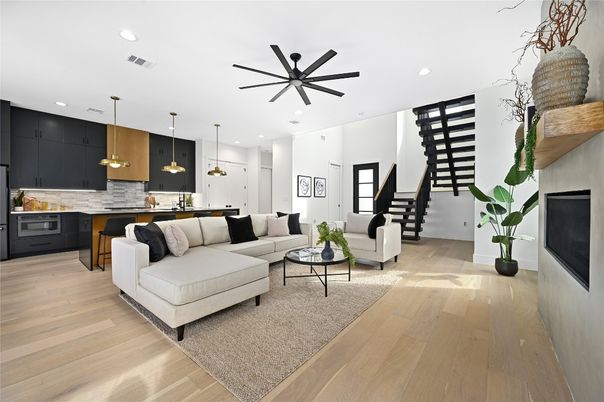 Interior, Kitchen, Living room, Pendant Lights, Recessed Lighting, Wood Texture Flooring