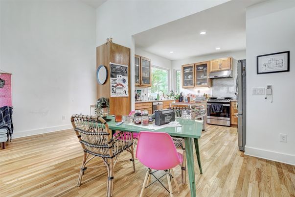 Dining room, Interior, Kitchen, Recessed Lighting, Stainless Steel Appliances, Wood Texture Flooring