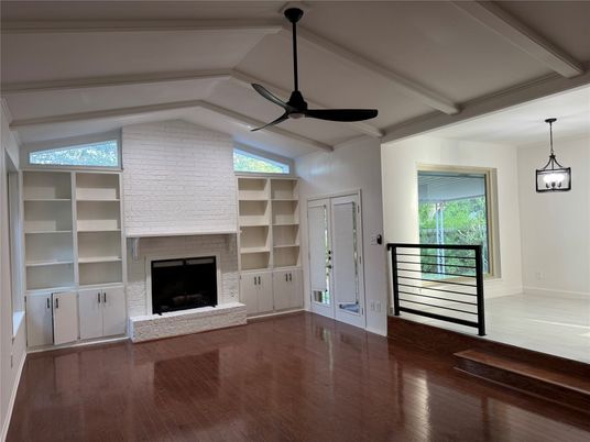 Empty room, Fireplace, Interior, Pendant Lights, Wood Texture Flooring