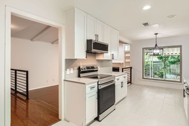 Interior, Kitchen, Pendant Lights, Recessed Lighting, Stainless Steel Appliances, Wood Texture Flooring