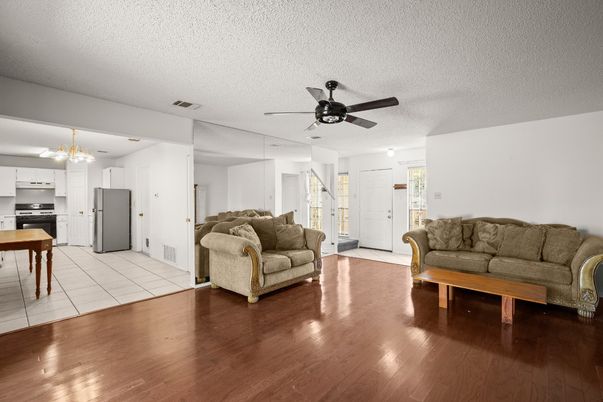Chandelier, Interior, Kitchen, Living room, Stainless Steel Appliances, Wood Texture Flooring