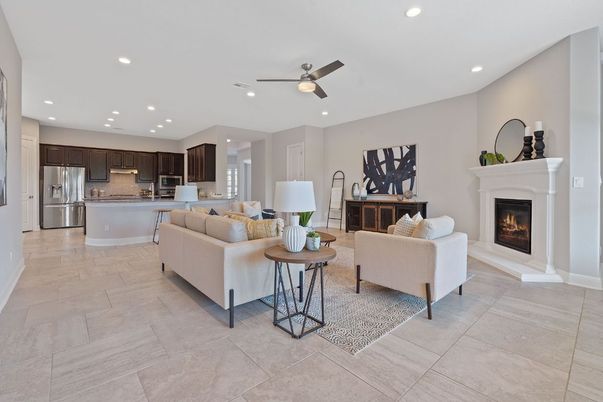 Fireplace, Interior, Kitchen, Living room, Recessed Lighting, Stainless Steel Appliances