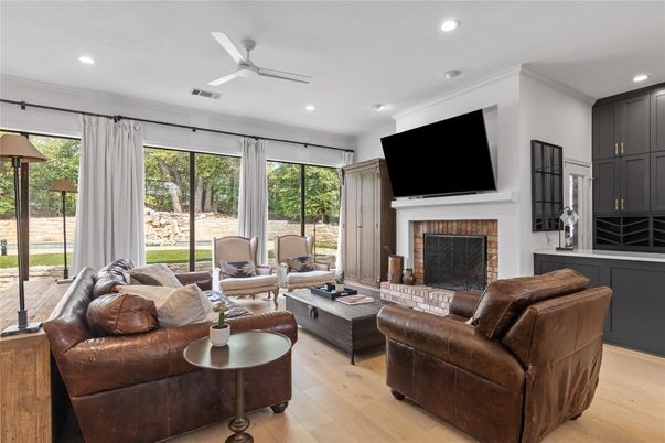Fireplace, Interior, Living room, Recessed Lighting, Wood Texture Flooring