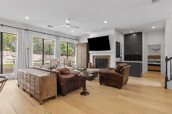 Fireplace, Interior, Living room, Recessed Lighting, Wood Texture Flooring