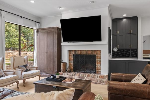 Fireplace, Interior, Living room, Recessed Lighting, Wood Texture Flooring