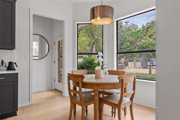 Dining room, Interior, Pendant Lights, Wood Texture Flooring