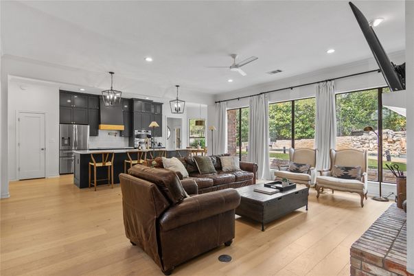 Interior, Kitchen, Living room, Pendant Lights, Recessed Lighting, Stainless Steel Appliances, Wood Texture Flooring