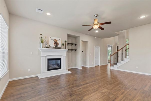 Empty room, Fireplace, Interior, Recessed Lighting, Wood Texture Flooring