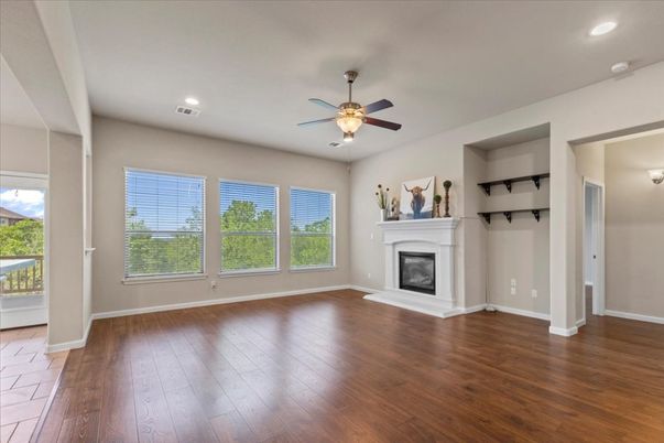 Empty room, Fireplace, Interior, Recessed Lighting, Wood Texture Flooring