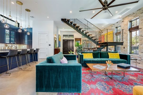 Interior, Living room, Pendant Lights, Recessed Lighting, Stone Walls