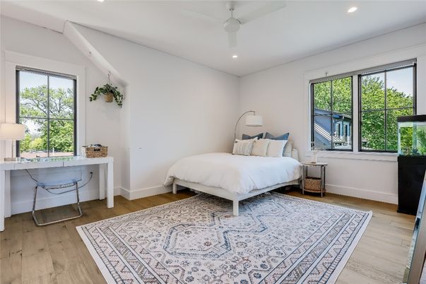 Bedroom, Interior, Recessed Lighting, Wood Texture Flooring