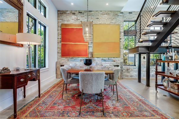 Dining room, Interior, Pendant Lights, Recessed Lighting, Stone Walls