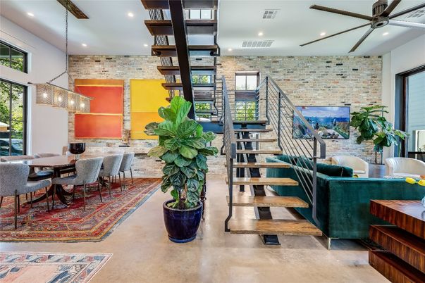 Dining room, Interior, Pendant Lights, Recessed Lighting, Stone Walls