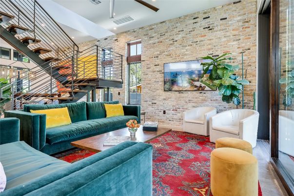 Interior, Living room, Recessed Lighting, Stone Walls