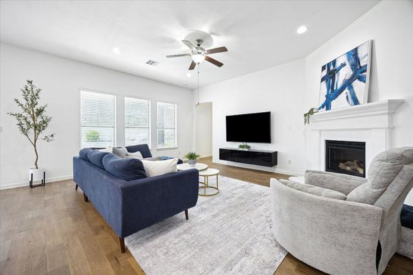 Fireplace, Interior, Living room, Recessed Lighting, Wood Texture Flooring