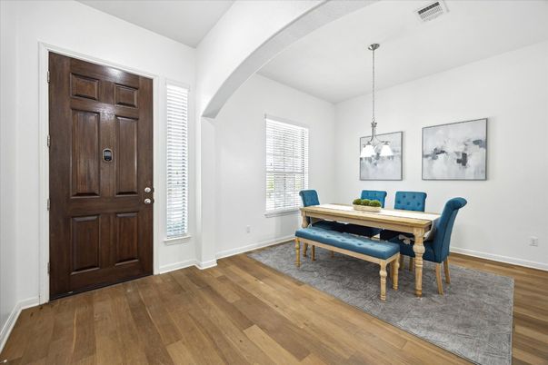 Dining room, Interior, Pendant Lights, Wood Texture Flooring