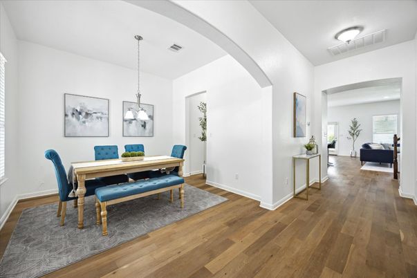 Dining room, Interior, Pendant Lights, Wood Texture Flooring