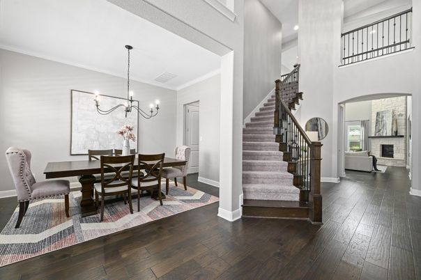 Chandelier, Dining room, Fireplace, Interior, Recessed Lighting, Wood Texture Flooring