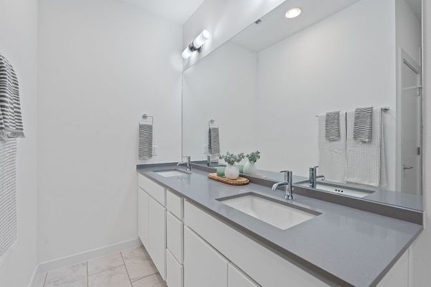 Bathroom, Dual Sink Vanities, Interior, Marble, Recessed Lighting