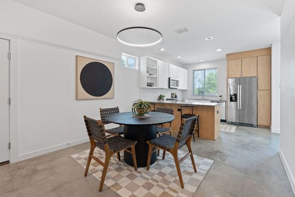 Dining room, Interior, Kitchen, Pendant Lights, Recessed Lighting, Stainless Steel Appliances