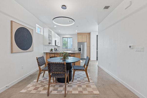 Dining room, Interior, Kitchen, Pendant Lights, Recessed Lighting, Stainless Steel Appliances