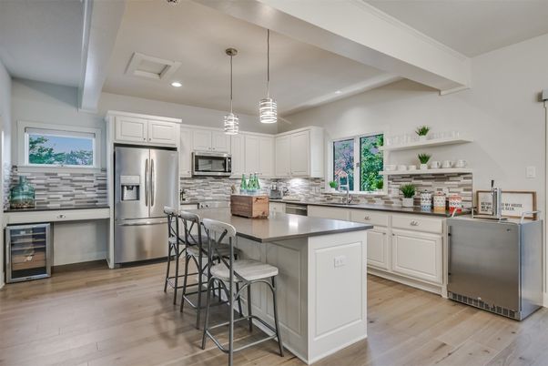 Interior, Kitchen, Pendant Lights, Recessed Lighting, Stainless Steel Appliances, Wood Texture Flooring