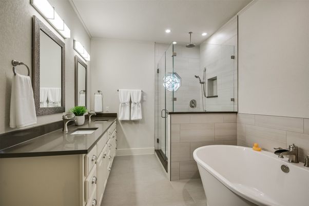 Bathroom, Dual Sink Vanities, Free Standing Baths, Glass Shower, Interior, Pendant Lights, Recessed Lighting