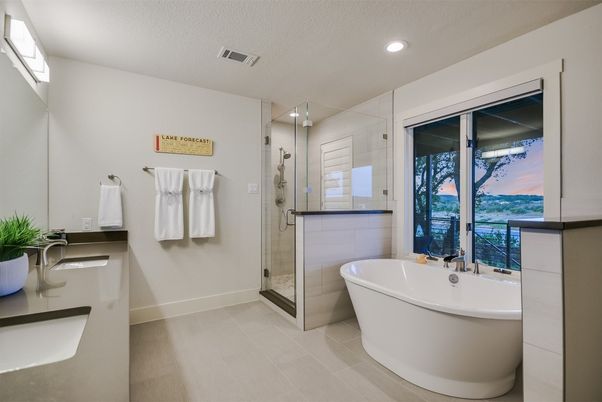 Bathroom, Free Standing Baths, Glass Shower, Interior, Recessed Lighting